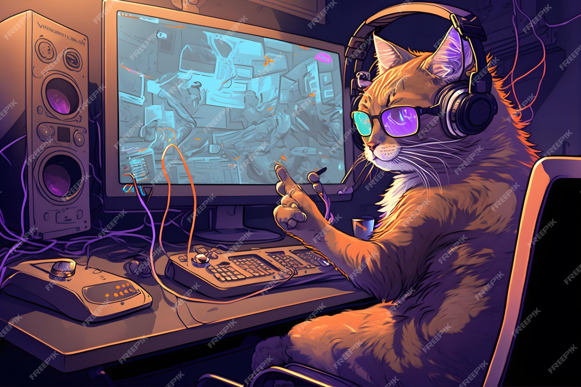 Gato como jogador de transmissão ao vivo de videogame usa computador pc  para entretenimento arte gerada por rede neural