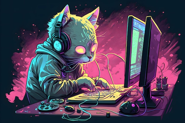 El gato como jugador de transmisión en vivo de videojuegos usa una computadora para entretenimiento Arte generado por redes neuronales