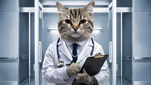 Foto gato como médico especialista en atención médica en el hospital
