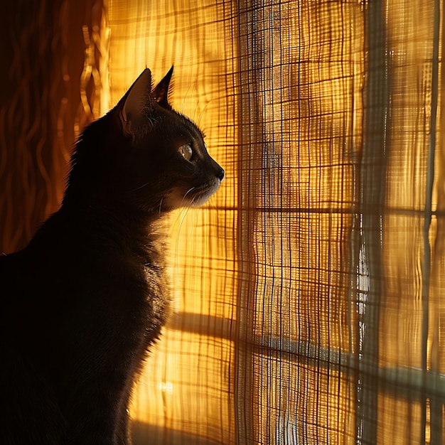 Gato como silhueta cortina sombra lançada na parede difusa e G foto criativa de fundo elegante