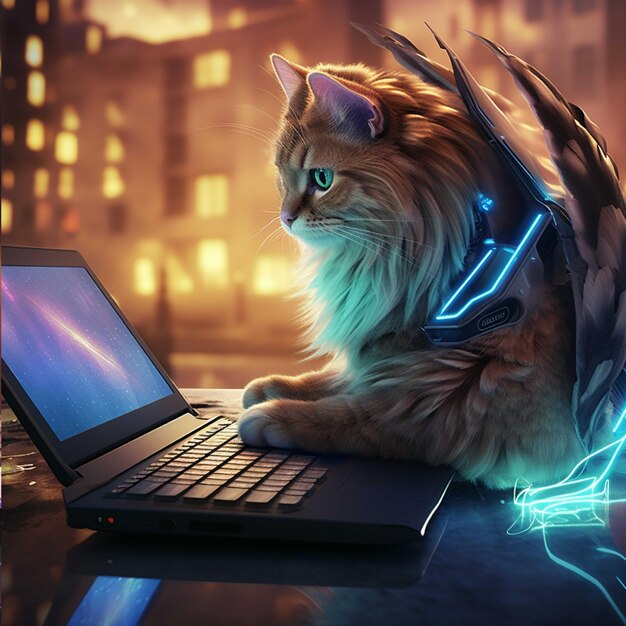 Gato con una computadora portátil en el fondo de la ciudad por la noche