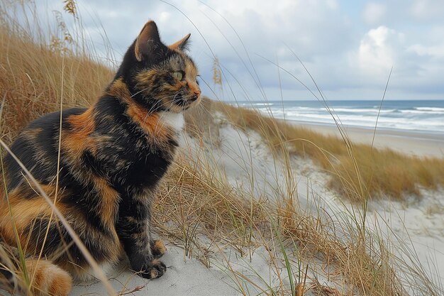 Gato con concha de tortuga relajándose en la playa en un día soleado