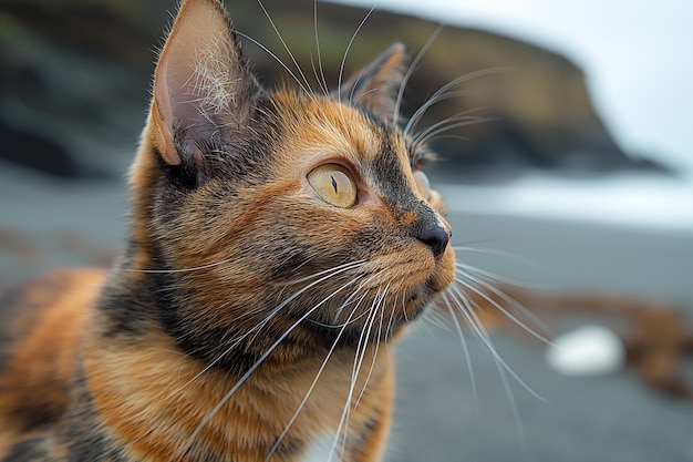 Gato con concha de tortuga relajándose en la playa en un día soleado