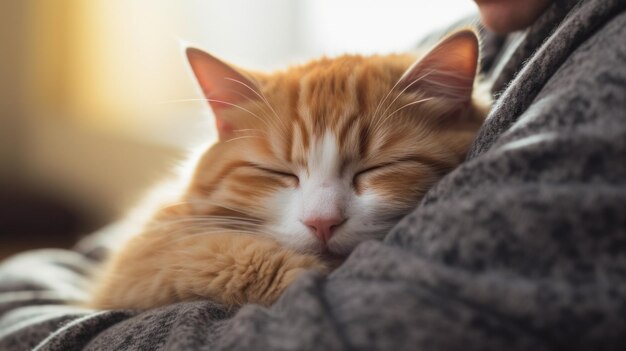 El gato confiado descansando en el pecho del dueño