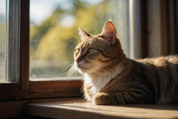 Un gato contento descansando en una ventana soleada