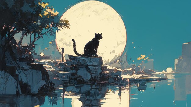 gato contra el fondo de la luna