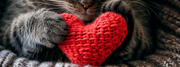 Foto gato con un corazón tejido enfoque selectivo