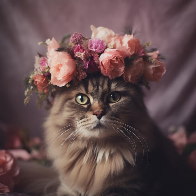 Gato con corona de flores en la cabeza Retrato realista IA generativa