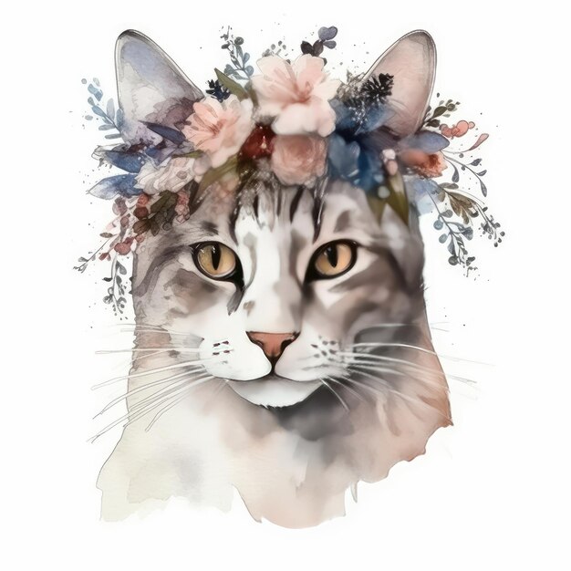 Un gato con una corona de flores en la cabeza.