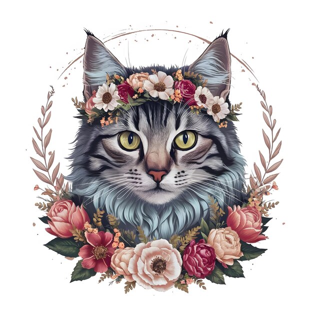 Foto un gato con una corona de flores en la cabeza