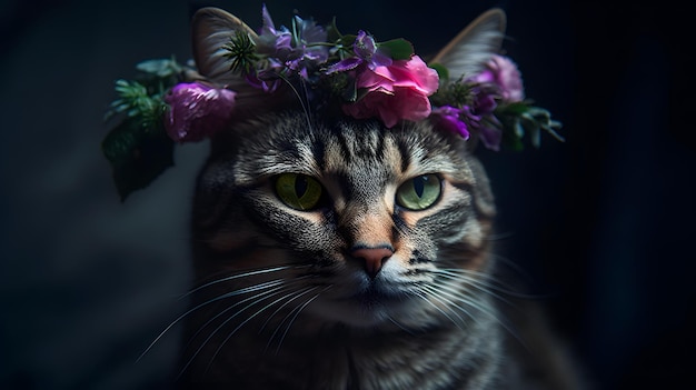 Un gato con una corona de flores en la cabeza.