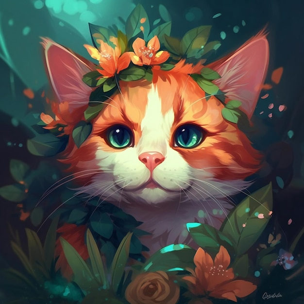 Un gato con una corona de flores en la cabeza.