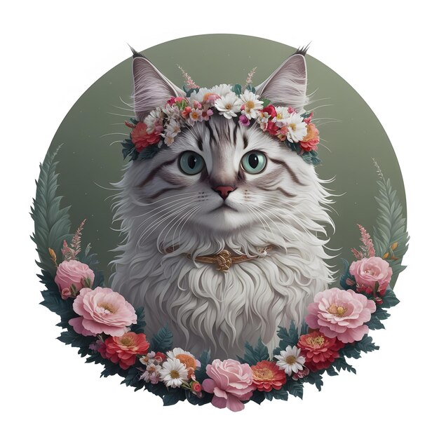 Foto un gato con una corona de flores en su cabeza se muestra en un marco floral