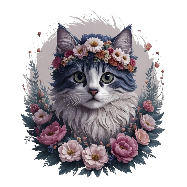 Foto un gato con una corona de flores en su cabeza está rodeado de flores