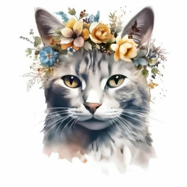 Un gato con una corona de flores.