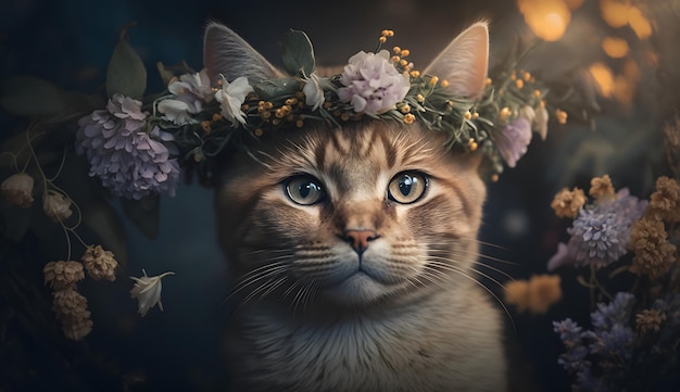 Un gato con una corona de flores.