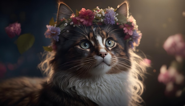 Un gato con una corona de flores.