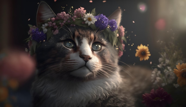 Un gato con una corona de flores.