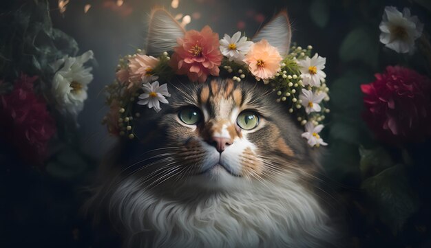 Un gato con una corona de flores.