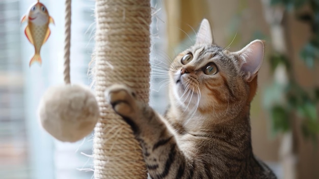 Gato corpulento usando una rueda de gato motivada por un juguete de pez colgado