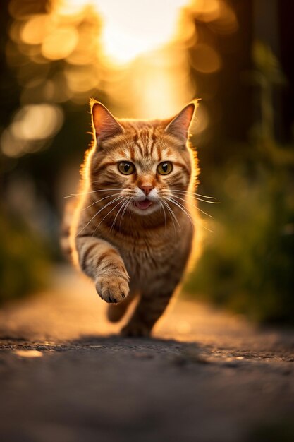 un gato corre por un camino bajo el sol