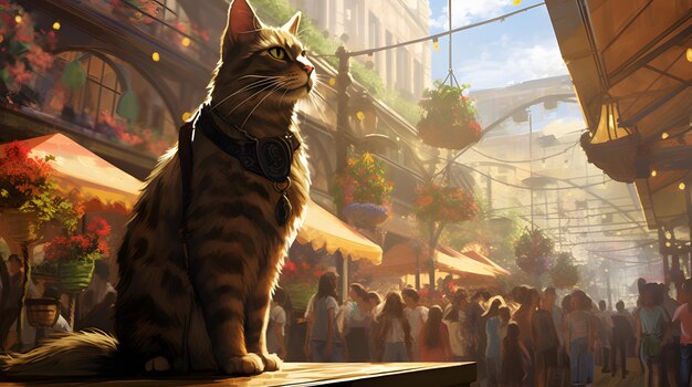 Un gato en una correa dando un paseo en un animado mercado de la ciudad