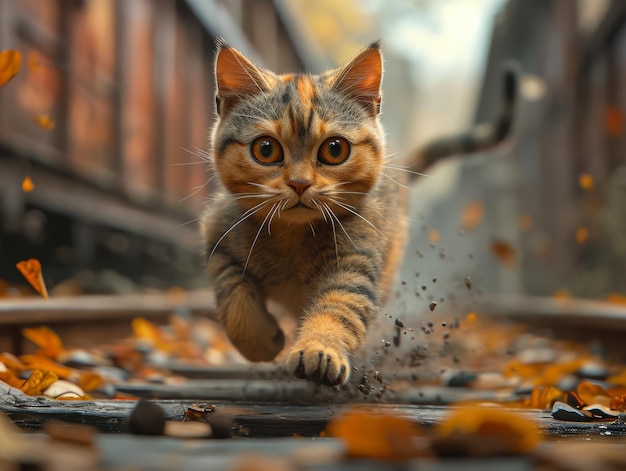Gato correndo em trilhos de trem Um gato está correndo energicamente em uma trilha de trem enquanto exibe agilidade e velocidade