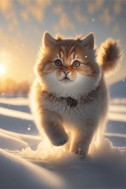 Gato correndo pela neve em um dia ensolarado generativo ai