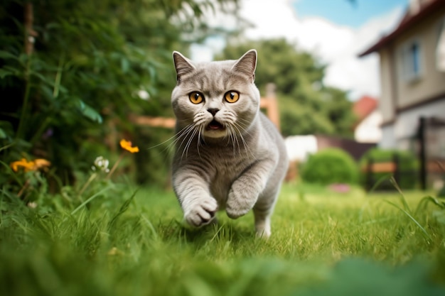 un gato corriendo por un campo de hierba