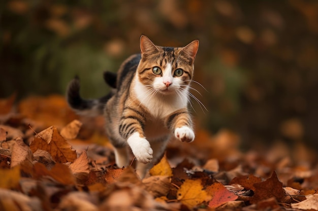 Un gato corriendo entre las hojas en otoño IA generativa