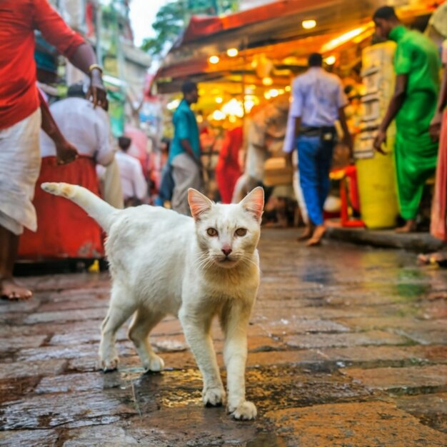 Gato corriendo con el mercado de pescado