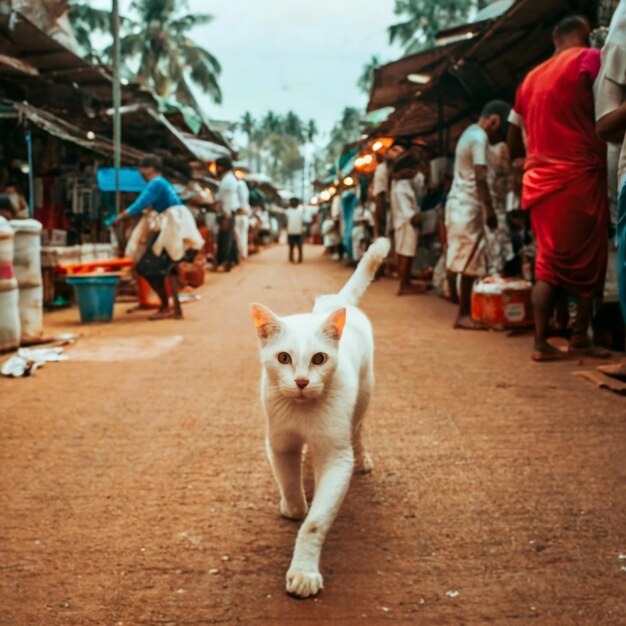 Gato corriendo con el mercado de pescado