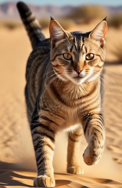 Foto gato corriendo en la pista de fondo naturaleza del desierto vida silvestre y nieve