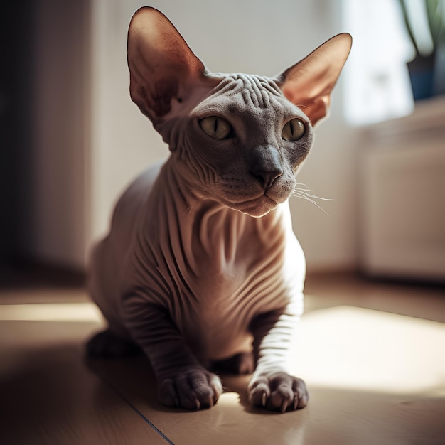 Un gato con un corte de pelo largo está sentado en el suelo.