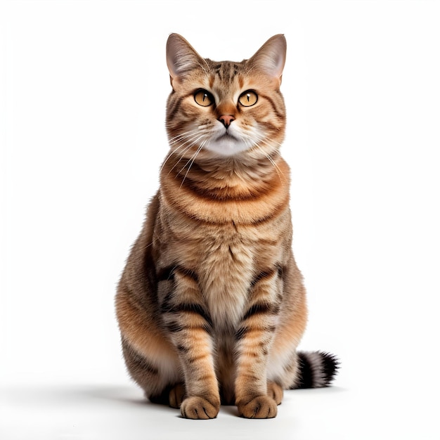 Un gato con un cuerpo rayado marrón y negro y rayas bronceadas se sienta sobre un fondo blanco.