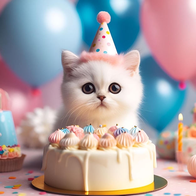 Gato de cumpleaños blanco con pastel celebrando su cumpleaños