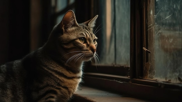 Gato curioso cautivado por el mundo exterior sentado en el alféizar de una ventana