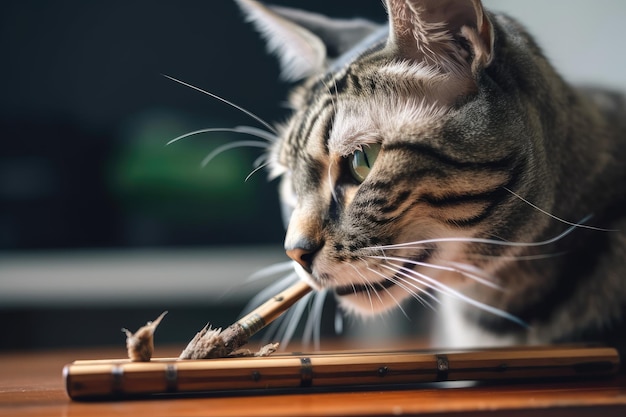 Gato curioso cheirando e provando um baseado de cannabis recém-enrolado criado com IA generativa