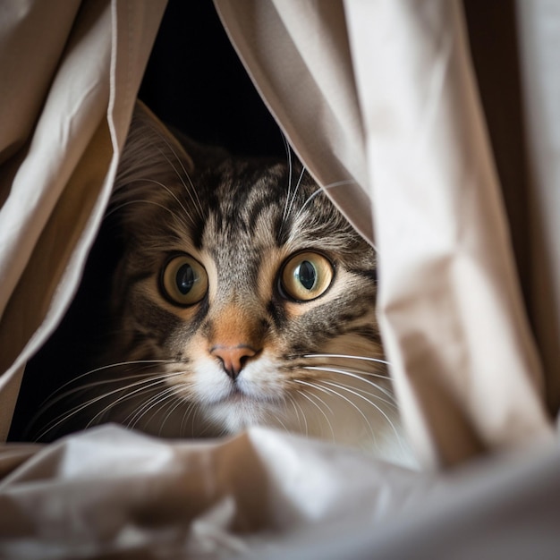 Un gato curioso espiando desde detrás de una cortina