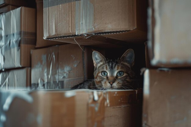 Un gato curioso espiando detrás de una pila de cajas