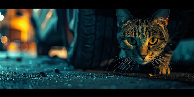 Gato curioso espreitando uma rua molhada e iluminada à noite