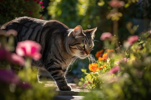 Gato curioso explora jardim ensolarado entre flores e fonte generativa IA