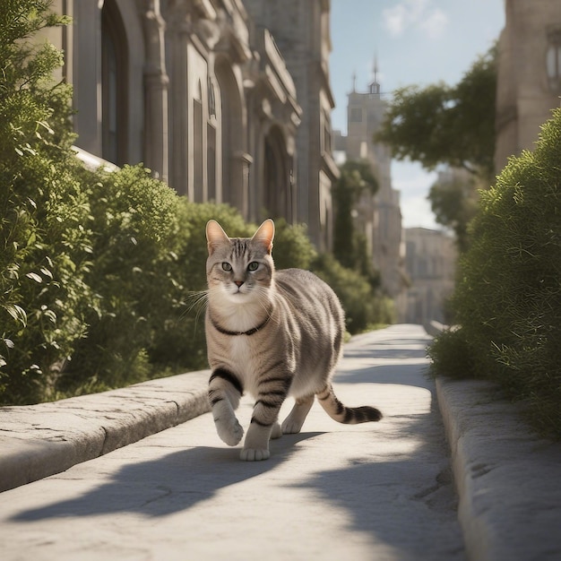 Un gato curioso explorando el vibrante paisaje urbano Una aventura urbana de un gato a través de las bulliciosas calles