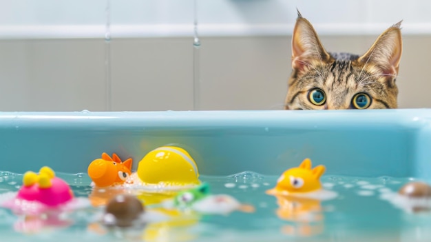 Un gato curioso inspeccionando una bañera llena de coloridos juguetes de baño sus ojos se encienden con curiosidad y anticipación del juego del agua