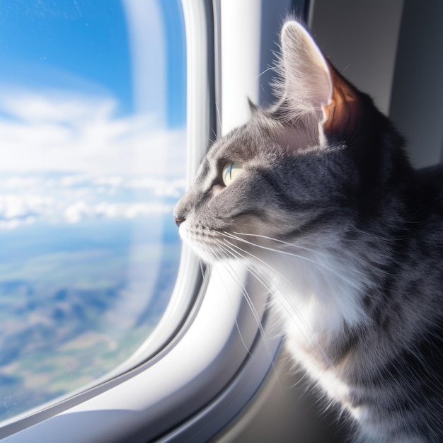 Gato curioso mira por la ventana del avión durante el viaje imagen de mascota doméstica linda