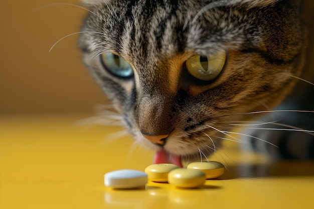 Gato curioso mirando las pastillas amarillas en una mesa colores vívidos primer plano con fondo borroso concepto de atención médica para mascotas IA