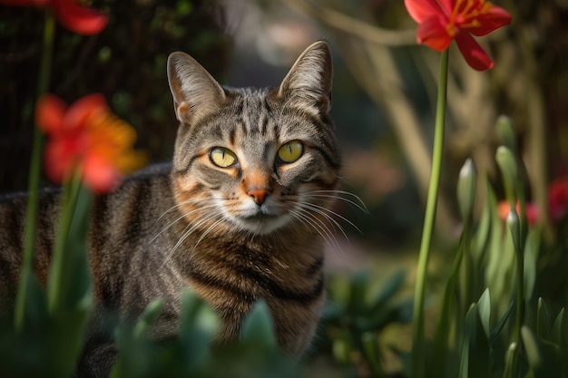 Gato curioso posando em colorido jardim generativo IA