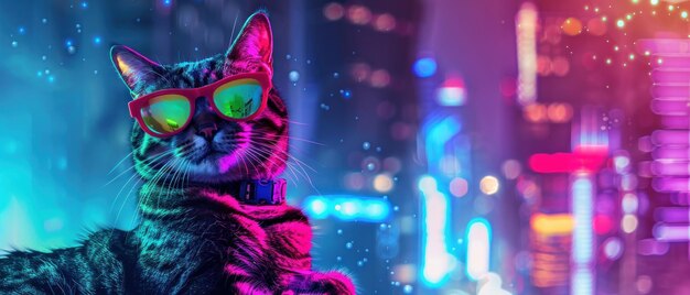 Foto un gato cyberpunk posando como una superestrella del hip hop con un paisaje urbano futurista como fondo
