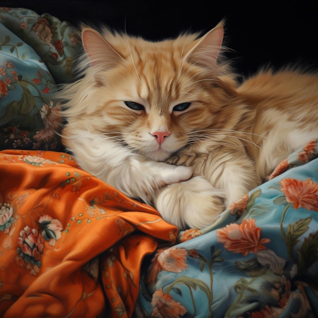 Gato Cymric satisfeito deleitando-se em uma cama macia e macia