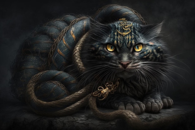 Gato da Amazônia com corpo de uma ilustração de cobra serpente generativa ai